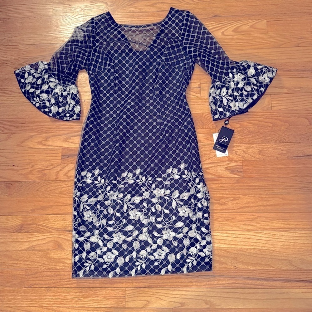 Adrianna Papell Boat-Neck Mesh-Overlay border embroidery sheath Dress - Picture 2 of 11